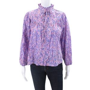 India Collection Womens Cotton Floral Button Front Blouse Top Purple Size XS